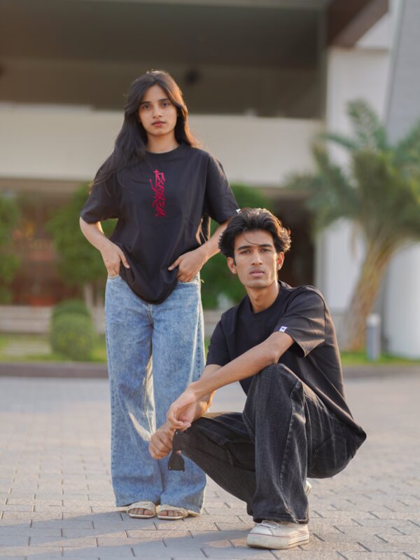 Red Gothic Script Print Black T-Shirt