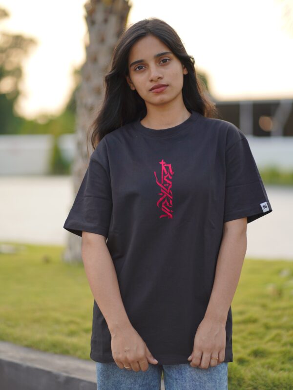 Red Gothic Script Print Black T-Shirt